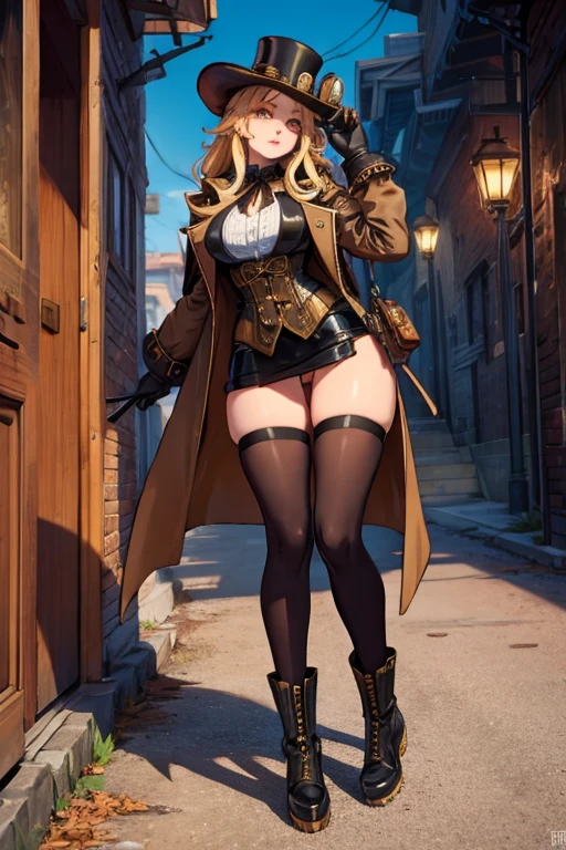 female, blonde long hair, pink eyes, (((1girl))), (((black steampunk coat))), (white shirt), (black gloves), (gold vest), (black knee length skirt), (brown tights), (black steampunk boots), cute and sexy, large breasts, large butt, full body, long legs