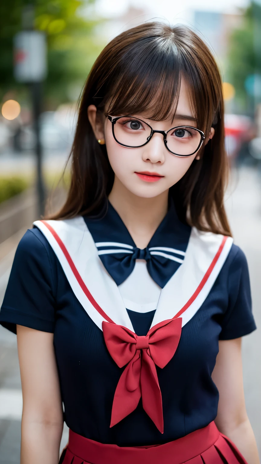 (Tabletop, highest quality:1.2), 8k, Official Art, RAW Photos, unbelievably ridiculous, (Upper Body, Sailor suit, serafuku:1.4), beautiful girl, Pretty face, lean back, (navy pleated skirt:1.1), close, , Short sleeve, Gardenia, Violet, , street, View your viewers, No makeup, Film Grain, chromatic aberration, Sharp focus, Face Light, Dynamic Lighting, Cinema Lighting, Eyes and facial details, Background bokeh, (Dark red bow tie:1.3),(Glasses),big breasts