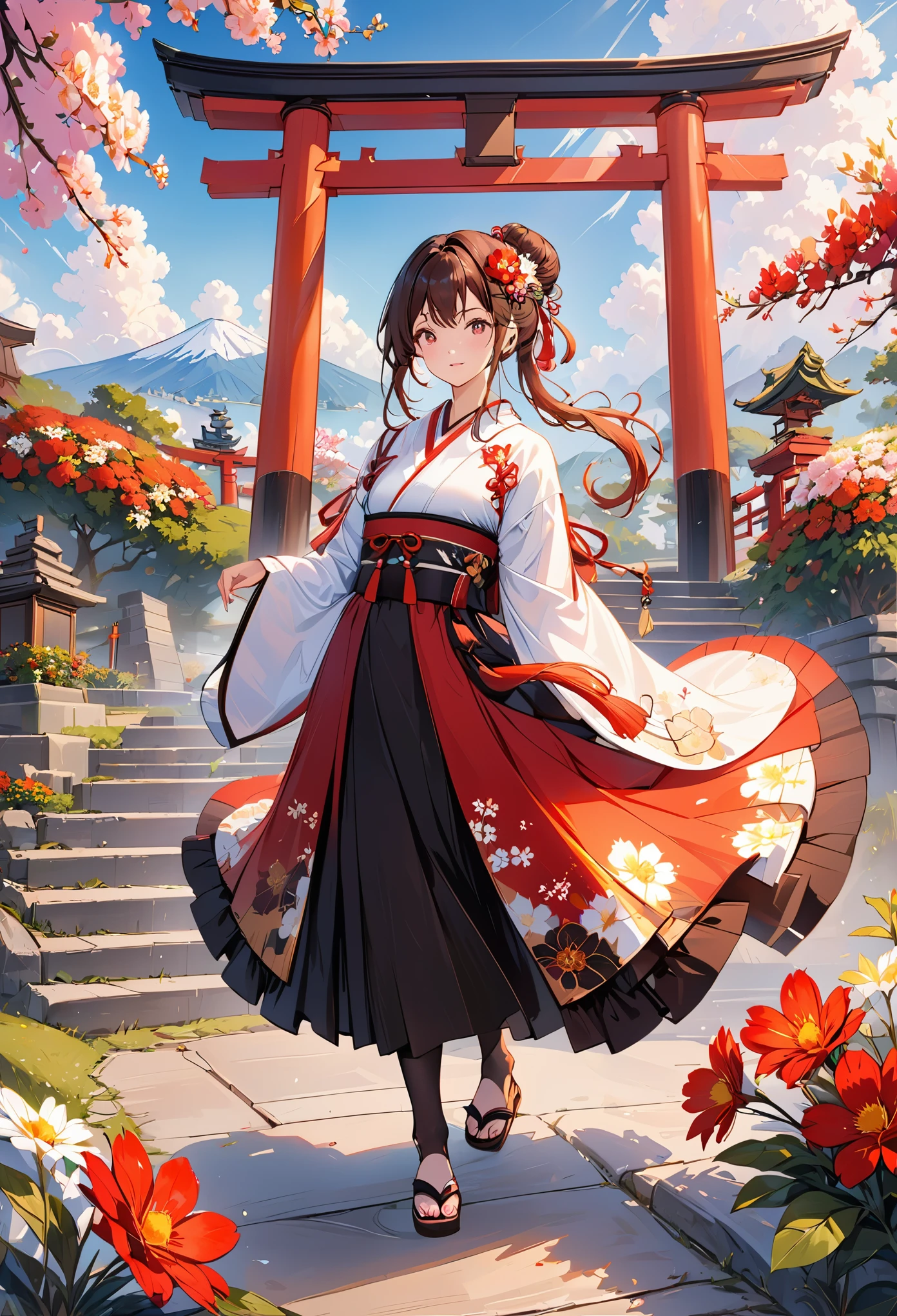 masterpiece,best quality,A girl,Black tights,Ribbon,Colored hair,樱flower,sky,flower,Hair Bun,Headband,Japanese clothes,kimono,Long hair,Looking at the audience,outdoor,Red Eyes,Ribbon,sandals,单Hair Bun、stairs,Standing,statue,Torii,Tree,
