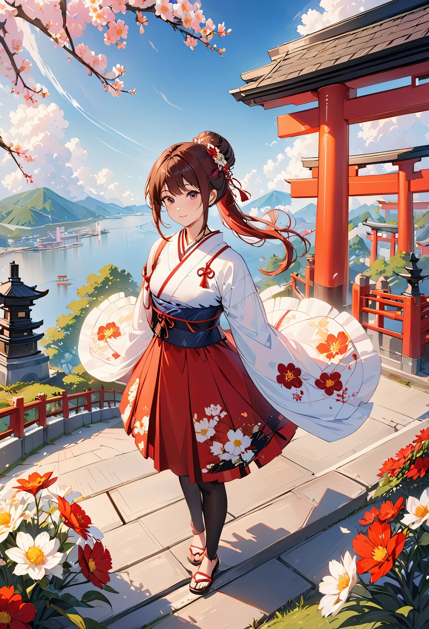 masterpiece,best quality,A girl,Black tights,Ribbon,Colored hair,樱flower,sky,flower,Hair Bun,Headband,Japanese clothes,kimono,Long hair,Looking at the audience,outdoor,Red Eyes,Ribbon,sandals,单Hair Bun、stairs,Standing,statue,Torii,Tree,