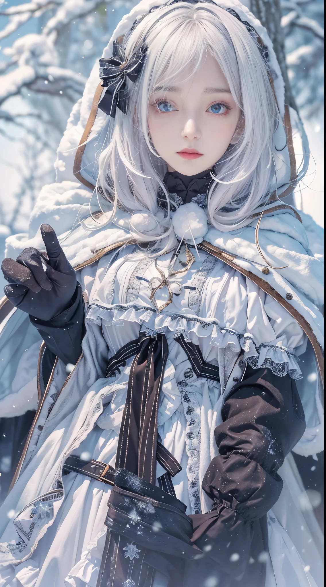 Reality, high resolution, 1 female, Solitary, (Lolita clothing)，Gorgeous clothing，Facing the audience，Upper part of the body，Thighs Beautiful eyes, white hair, Dark circles under eyes, (external，heavy snow，Cloak，Covered with snow)，Snowfield