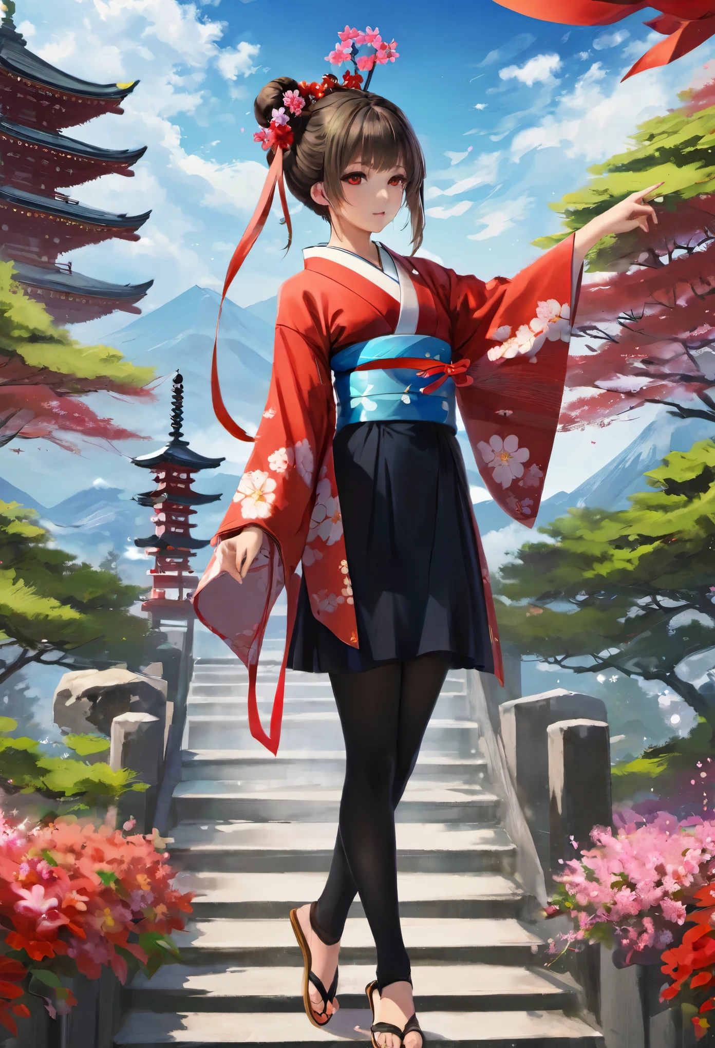 masterpiece，best quality，A girl，Black tights，Ribbon，Colored hair，樱flower，sky，flower，Hair Bun，Headband，Japanese clothes，kimono，Long hair，Looking at the audience，outdoor，Red Eyes，Ribbon，sandals，单Hair Bun、stairs，Standing，statue，Torii，Tree，