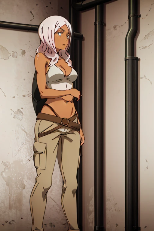 Tanned skinned anime girl, slender yet curved figure, long black wavy hair, wearing a bikini top and cargo pants, extremely hungry and starving, her stomach distended and hands clutched in despair. Her expression is pained and worried, lying on the ground, a punishment for circumstances beyond her control. Ultra-detailed rendering, realistic, 4K resolution, atmospheric lighting, muted earthy tones, textures conveying the girl's tanned and parched skin. The bikini top has intricate patterns, the cargo pants have detailed pockets and folds. Dynamic shadows and soft highlights capture her lean form and amplify