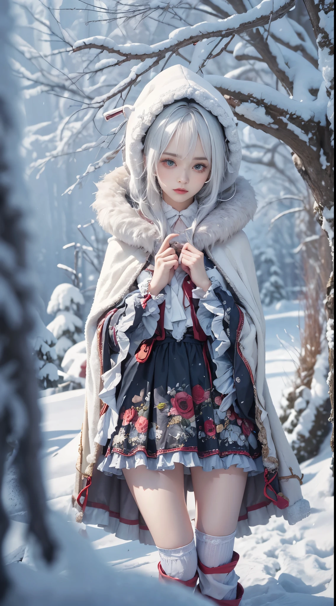 Reality, high resolution, 1 female, Solitary, (Lolita clothing),Colorful clothing,Facing the audience,Upper part of the body,Thighs Beautiful eyes, white hair, Dark circles under eyes, (external,heavy snow,Cloak,Covered with snow),Snowfield