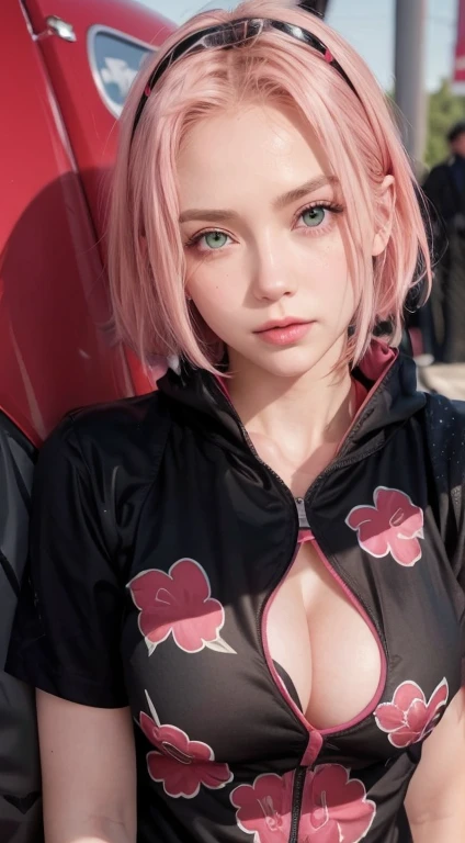 young woman, short shoulder-length pink hair, wide forehead, porcelain skin, pink eyebrows, big emerald green eyes, buttoned nose, full lips, heart-shaped face, slender body, small breasts, red tank top, Sakura Haruno , realistic, realism, details, 3d, well detailed
