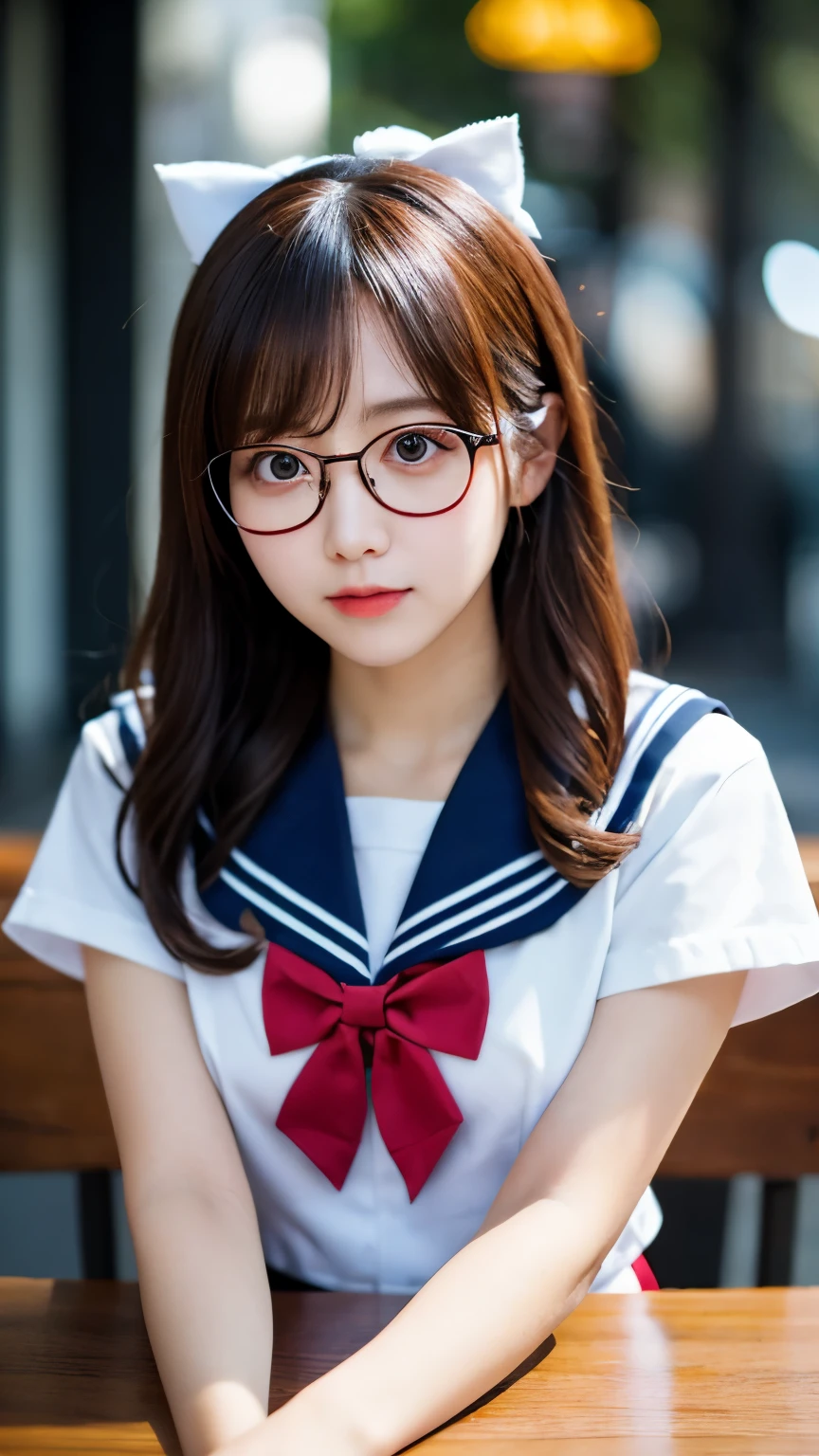 (Tabletop, highest quality:1.2), 8k, Official Art, RAW Photos, unbelievably ridiculous, (Upper Body, Sailor suit, serafuku:1.4), beautiful girl, Pretty face, lean back, (navy pleated skirt:1.1), close, , Short sleeve, Gardenia, Violet, , street, View your viewers, No makeup, Film Grain, chromatic aberration, Sharp focus, Face Light, Dynamic Lighting, Cinema Lighting, Eyes and facial details, Background bokeh, (Dark red bow tie:1.3),(Glasses),big breasts