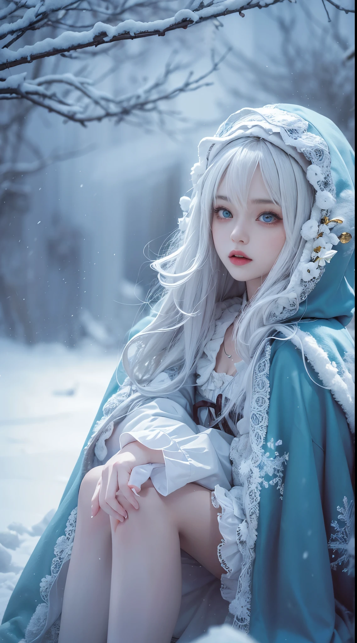 Reality, high resolution, 1 female, Solitary, (ta clothing),Colorful clothing,Facing the audience,Upper part of the body,Thighs Beautiful eyes, white hair, Dark circles under eyes, (external,heavy snow,Cloak,Covered with snow),Snowfield