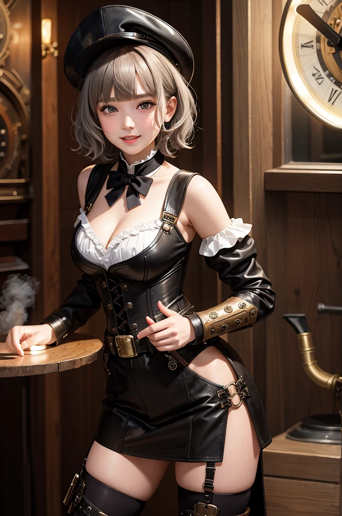 (masterpiece, best quality:1.1), (8k, best quality, masterpiece, ultra highres, ultra-detailed:1.2),a girl,cute,16yo,baby face,height small,steampunk fashion,gothic Steampunk hat,goggle,corset jumper skirt(brown)bare shoulder,platform cowboy-boots,
BREAK,
gray hair,wavy short hair,beautiful detailed teeth, eyes with large brown irises, blunt bangs,small mouth, fresh lips,nose blush, smile,very happy, she has gun,
BREAK,
combine Western elements with advanced technology,steam technology,(steampunk),Late 19th century American West,beautiful lighting, volumetric lighting, dynamic angle, looking at viewer, sharp,