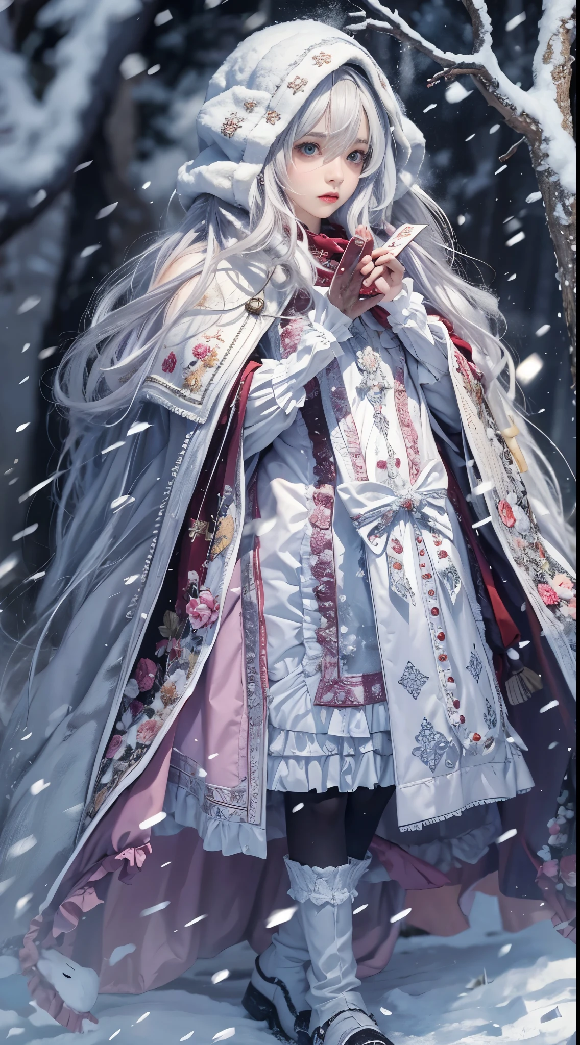 Reality, high resolution, 1 female, Solitary, (Lolita clothing),Colorful clothing,Facing the audience,Upper part of the body,Thighs Beautiful eyes, white hair, Dark circles under eyes, (external,heavy snow,Cloak,Covered with snow),Snowfield