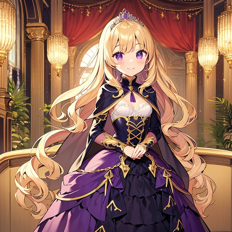 (kawaii),(best quality),(ultra detailed), upper body,(rococo style),(long train dark violet cape:1.15), very long cape,(long train dark violet ball gown with flower decorations), a girl is wearing a cape over her gown, 1 little princess, tiara, smile, small breasts, very long hair
