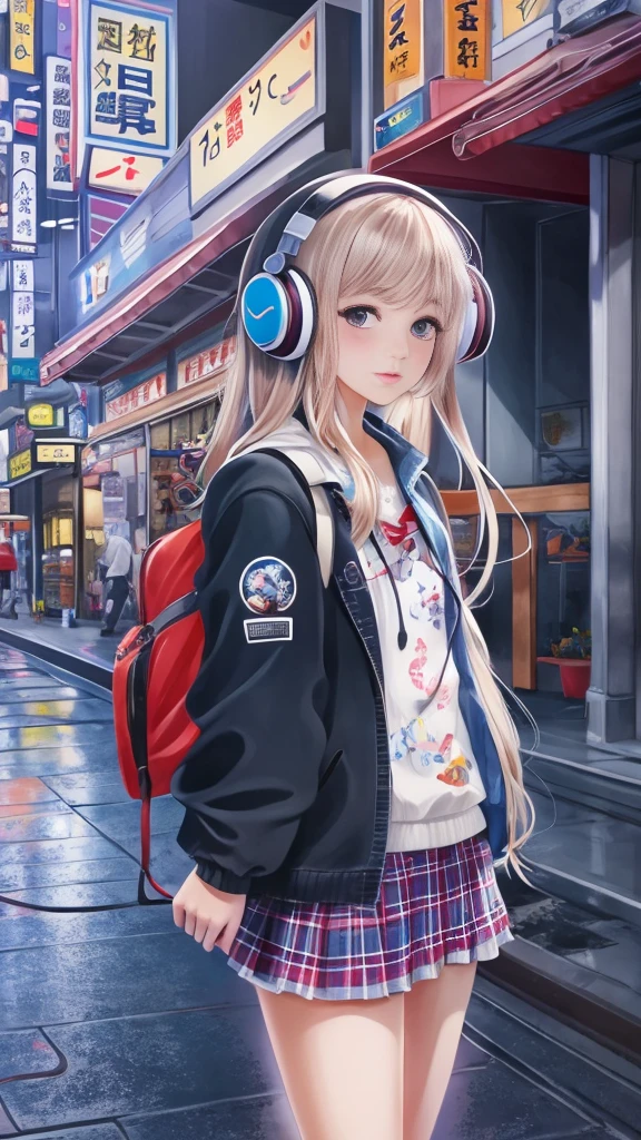 (masterpiece), (highest quality:1.4), (Ultra-high resolution:1.2),  Highly detailed background, (unity 8k wallpaper), e high school girl wearing headphones walking through the streets of Tokyo。Illustrations inspired by city pop culture、uniform、Wear loose socks for a stylish and nostalgic look、Display one subject without splitting the screen