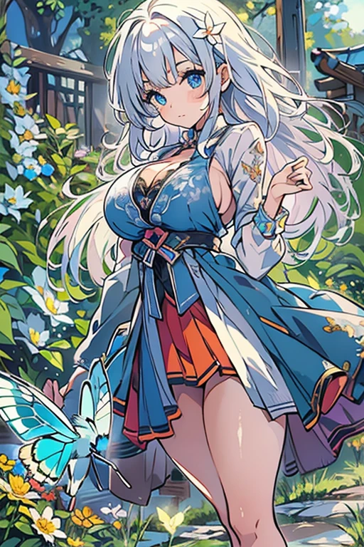 Original, (Masterpiece), (Extremely fine and beautiful), perfeitamente detalhada, Photorealistic, (beautiful and clear background:1.25), (Depth of field:0.7), (1 cute girl standing in the garden:1.1), (Cute:1.35), (Detailed beautiful eyes:1.3), (Beautiful face:1.3), Casual, Silver hair, silver ear, (Blue hair:0.8), (blue ear:0.8), Long hair, Coat, Short skirt, hair blowing with the wind, (eBlue eyes:1.2), Flowers, (Little girl:0.65), butterflys flying around,((Huge breasts :1.5))