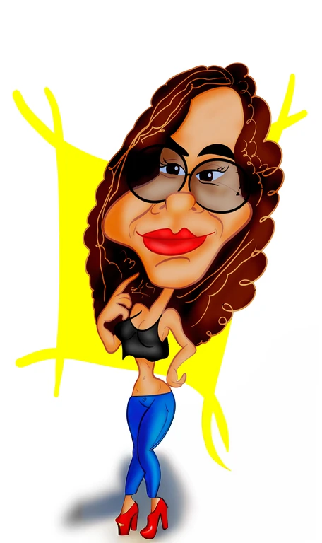 Digital drawing, 4k, cartoon woman with glasses and a black top with a yellow star, in cartoon style, caricature style, caricature!!!, caricature, caricature illustration, caricature, cartoon portrait, CARTOON ARTstyle, Caricatural , cartoon digital art, cartoon digital art, caricature, CARTOON ART, digital art. @mariomaniacdude, Cartoon illustration, digital art!!