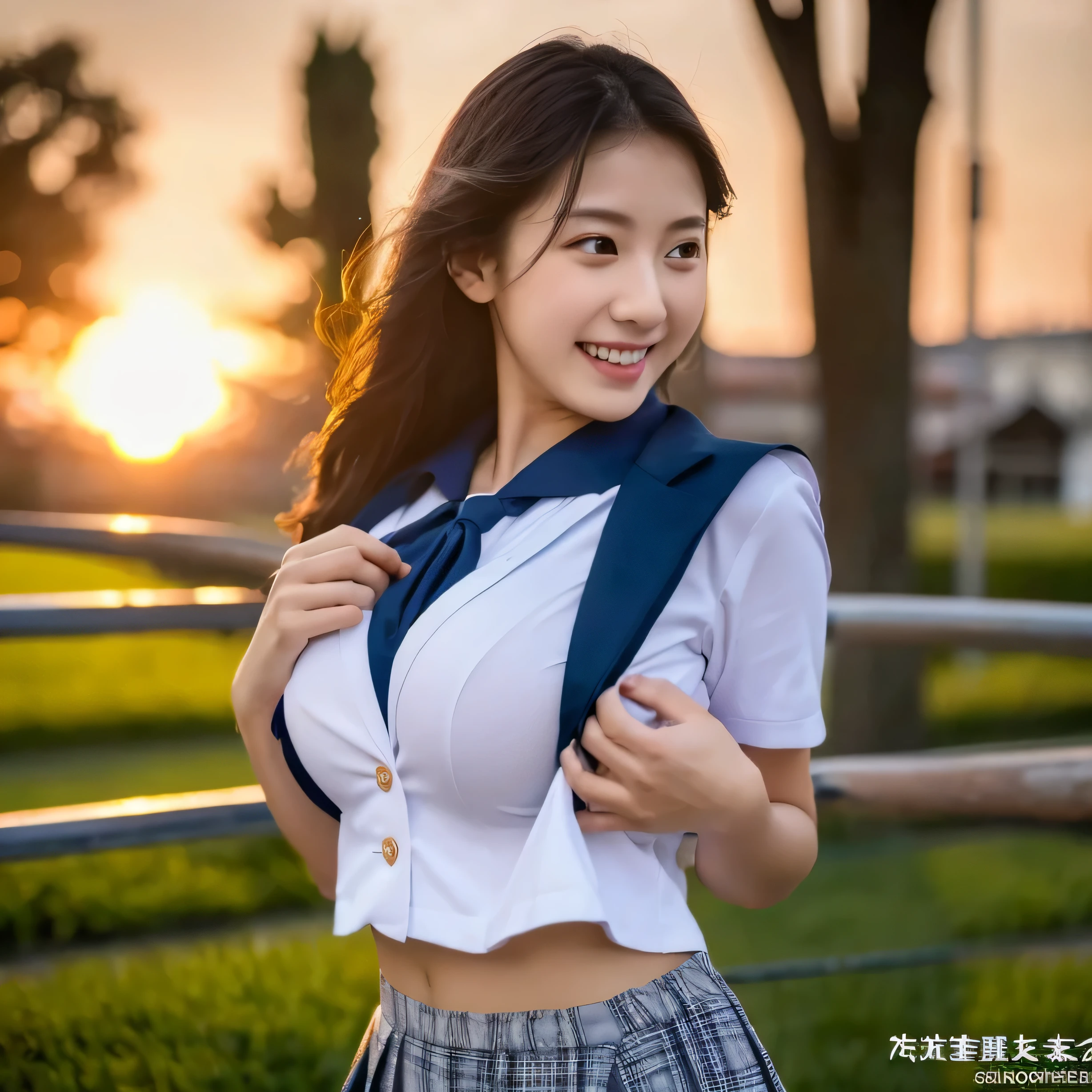 (highest quality,8K quality,masterpiece:1.3),(Ultra-high resolution,Photorealistic:1.4,Raw photo),(Ultra-detailed,Caustics,Detailed Background),(Ultra-Realistic Capture,Beautiful and detailed skin,Perfect Anatomy),At sunset,Sunset sky,School building,Schoolyard,18-year-old,cute,single eyelid,Black short bob,School Blazer Uniform,Looking at the camera,Laughter,Bust up shot,natural soft lightShow off your breasts,Huge boobs、Show off your breasts,Huge boobs、Show off your breasts,Full-body display,Full-body display,Huge 、Show off your breasts,Huge 、,Show off your breasts,Huge 、Show off your breasts,Huge 、Show off your breasts,Huge 、Show off your breasts、Huge 、