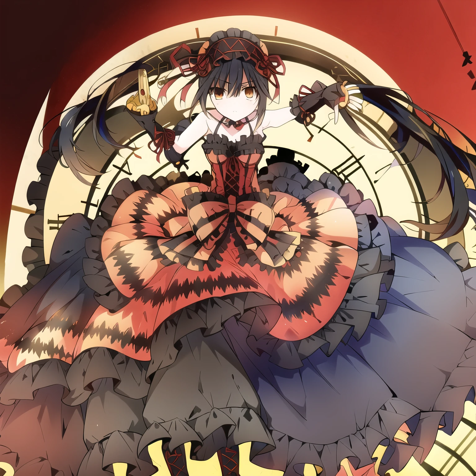 Zaphkiel, right eye yellow small clock inside eye, yod-bet, yellow big clock behind, yellow massive clock behinde, black hair, black red dress, dark weather, big dress, hand holding gun
