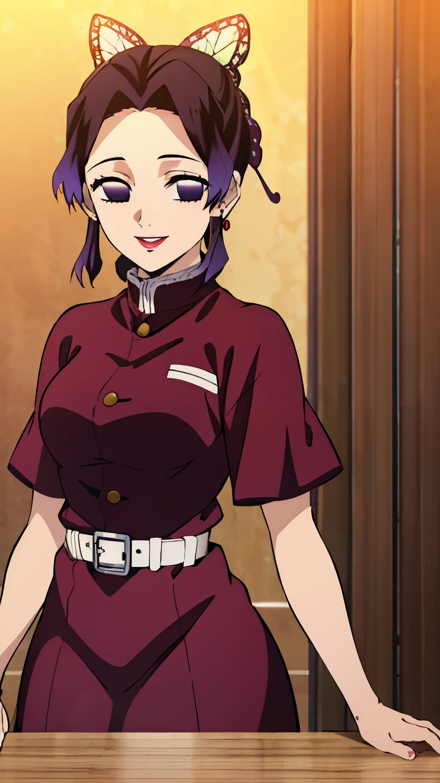 (Top Quality, 8K, High Resolution, Masterpiece: 1.2), Anime Art Style, Shinobu Kocho, 1 Girl, Perfect Face, Perfect Eyes, Soft Expression, Medium Breasts, Purple Hair, Natural Lips, Short Hair, Pretty Parted bangs, purple eyes, narrow eyes, large butterfly hair clip, ((red dress, red dress, no buttons, lace, earrings, party venue, smile, )), viewer appreciation, beautiful waist,
