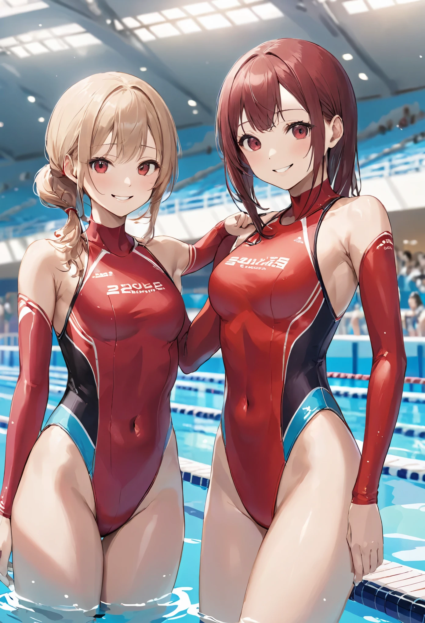 masterpiece、highest quality、High resolution、Two realistic girls、Competitive swimmer、Close-up of a person、Wearing a red bodysuit、During Competitive swimmerics competitions、smile、Swimming Venues、sexy competitive swimwear