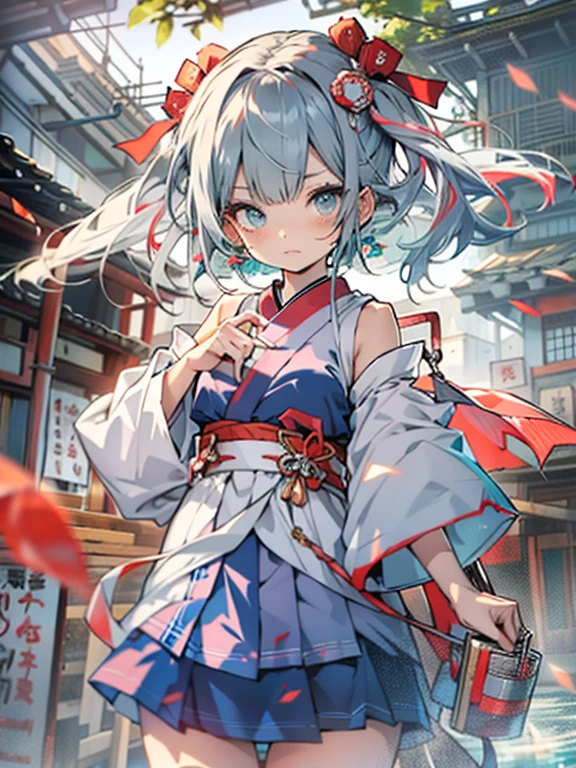 best quality, Detailed drawing, High resolution, HD, 4K, 1girl(solo, cute, kawaii, flat body, deep blue eyes, low twin tails, pale green shorthair), (red based Japanese shrine maiden's ceremonial dress, (short length):2, moe, bare shoulders, Detached sleeves)1.4, Knee socks, Absolute Area, Shinto shrine, hyper real, rich colored, detailed delicate cell anime work, beauty upper body shot, Glossy highlights that look like wet,