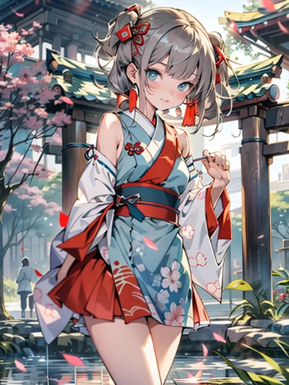 best quality, Detailed drawing, High resolution, HD, 4K, 1girl(solo, cute, kawaii, flat body, deep blue eyes, low twin tails, pale green shorthair), (red based Japanese shrine maiden's ceremonial dress, (short length):2, moe, bare shoulders, Detached sleeves)1.4, Knee socks, Absolute Area, Shinto shrine, hyper real, rich colored, detailed delicate cell anime work, beauty upper body shot, Glossy highlights that look like wet,