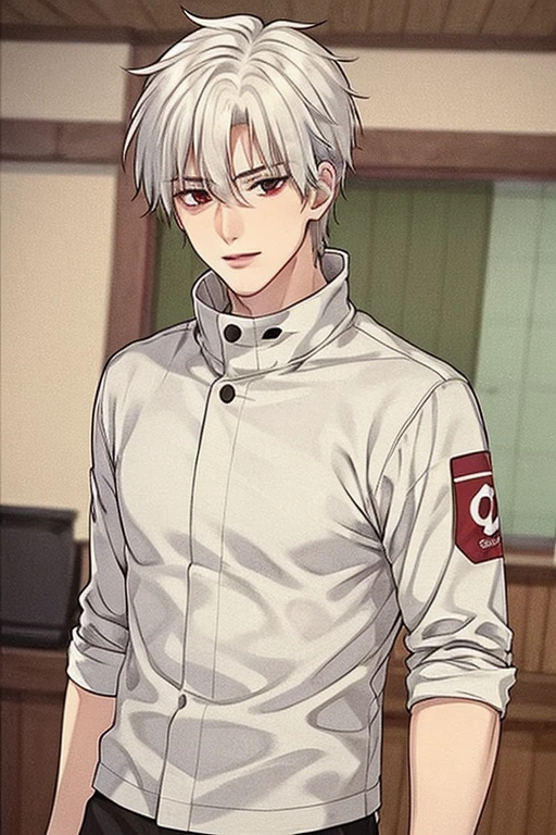 A young white haired handsome man with red eyes in a magic uniform is watching a shooting star