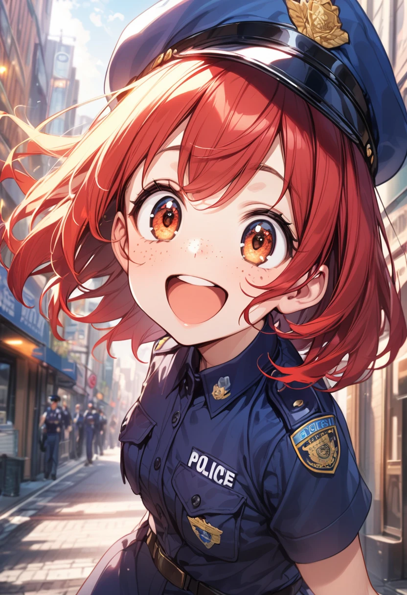 young girl(red hair, police uniform, freckles, big eyes), happy, city background