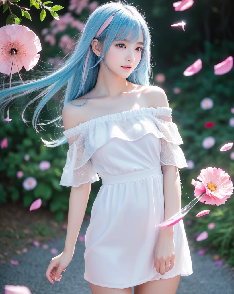 (highest quality, 32k, High resolution, Masterpiece:1.5,), Haunting fantasy portrait in abstract style, ((In a swirl of fantastic pastel colors and soft light)), Evoking a sense of soothing tranquility and elusive beauty, An award-winning masterpiece with astonishing detail, Cute Japanese women, perfect human anatomy, big magical eyes, fleeting smile, ((shiny baby blue hair)), Beautifully styled long straight hair, Beautiful asymmetrical bangs, Hair between the eyes, Smooth and soft skin, thin eyebrows, clear double eyelids, Pale pink lips, ((white see-through dress, Off the shoulder, The absolute territory of the miniskirt)), High resolutionの完璧な鎖骨, High resolutionの美しい胸元, Slender figure with ample breasts, ((Colorful sparkling petal effect:1.3)), gentle sunlight, Professional Lighting, Professional photographer, Professional models,mysterious