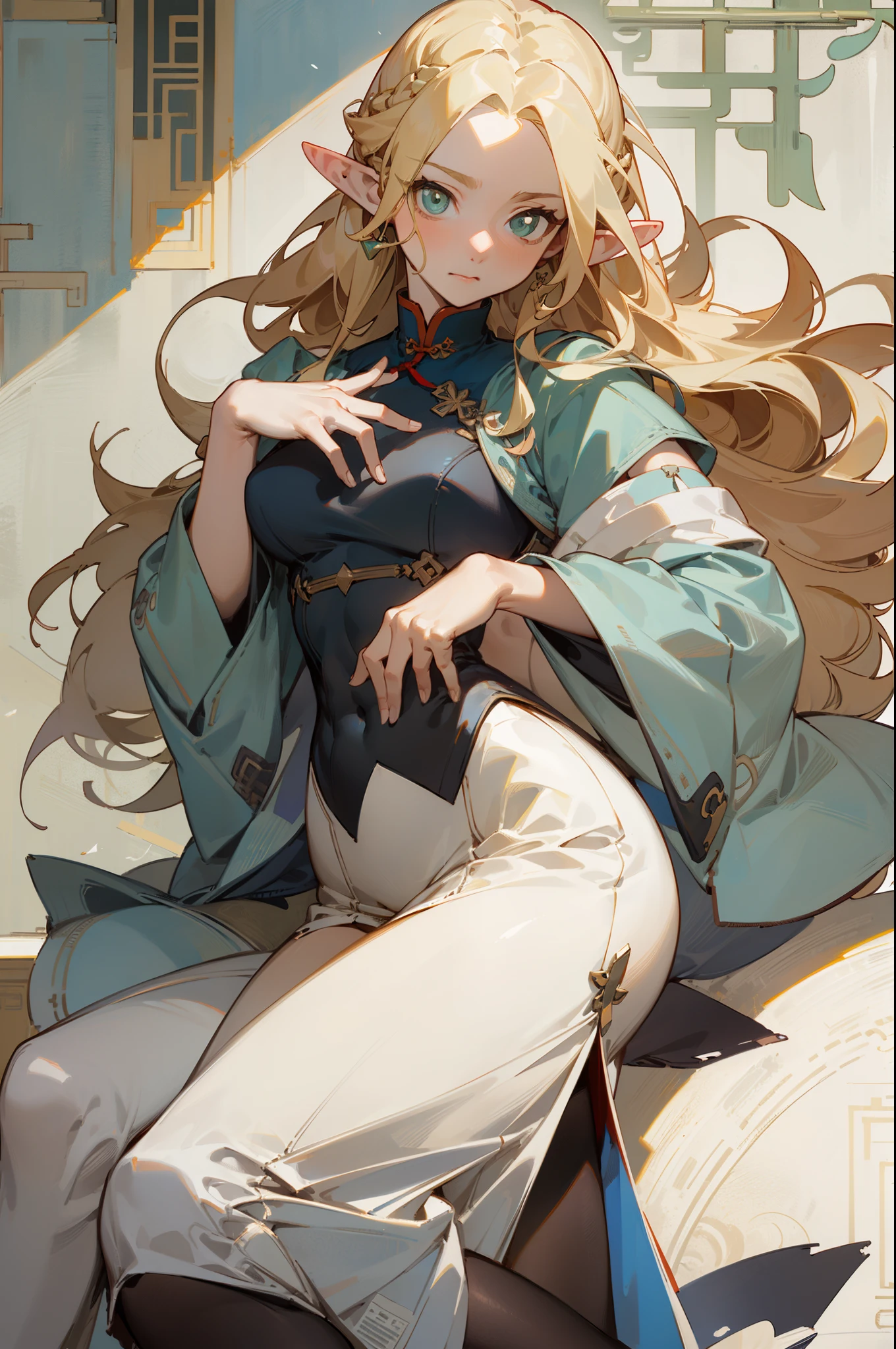 (masterpiece, best quality) detailed, Wearing black tights, silver accessories ,  Blonde ,elegant, Pointed ears ，Chinese element pattern，thigh，漏出thigh，White long skirt，Clothes are torn，Alphonse Mucha