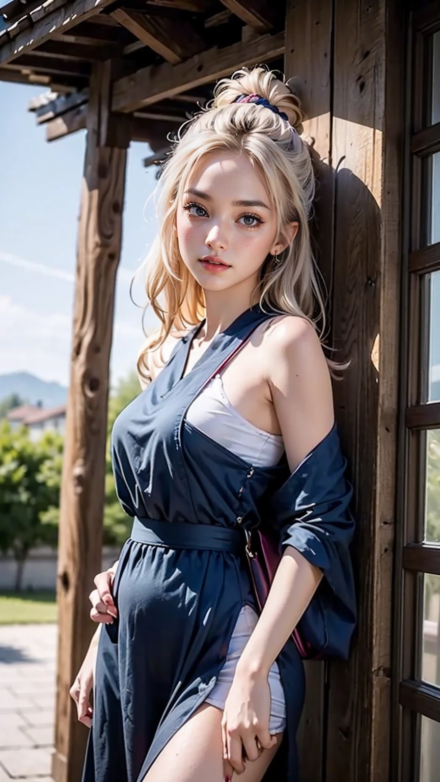 ((最high quality, 8K, masterpiece: 1.3, Ultra HD, high quality, 最high quality, High resolution, realism)) 、25-year-old Caucasian female、Platinum Blonde、blue eyes、long hair、smile、slender、A voluptuous, feminine body、I want my head to stay off screen、Wearing red nail polish、I have a peticure、wear a one-shoulder dress、wear sandals、carry a shoulder bag、climb the slopes of the city、the horizon expands