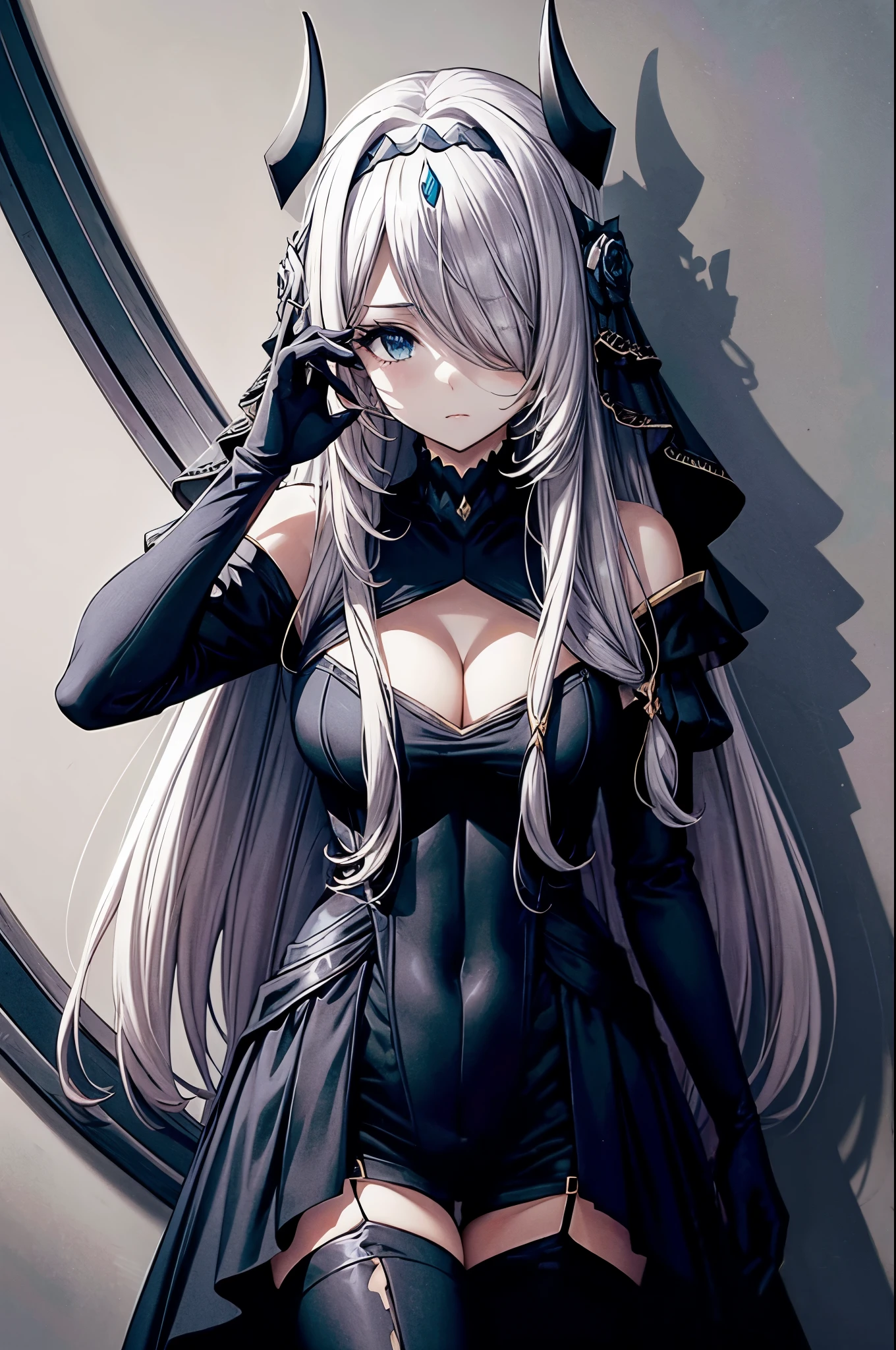 victoria
horns, tiara, veil, black bodysuit, shoulder armor, long sleeves, cleavage cutout, black gloves, black overskirt, black pants