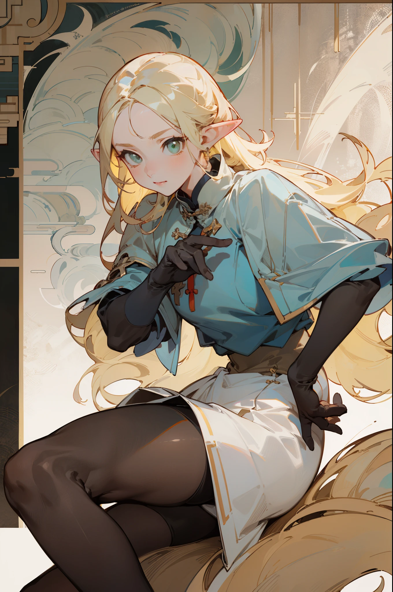 (masterpiece, best quality) detailed, Wearing black tights, silver accessories , bionde ,elegant, Pointed ears ,Chinese element pattern,thigh,thigh shown,White skirt,Clothes are torn,individual,Alphonse Mucha'edium Breasts