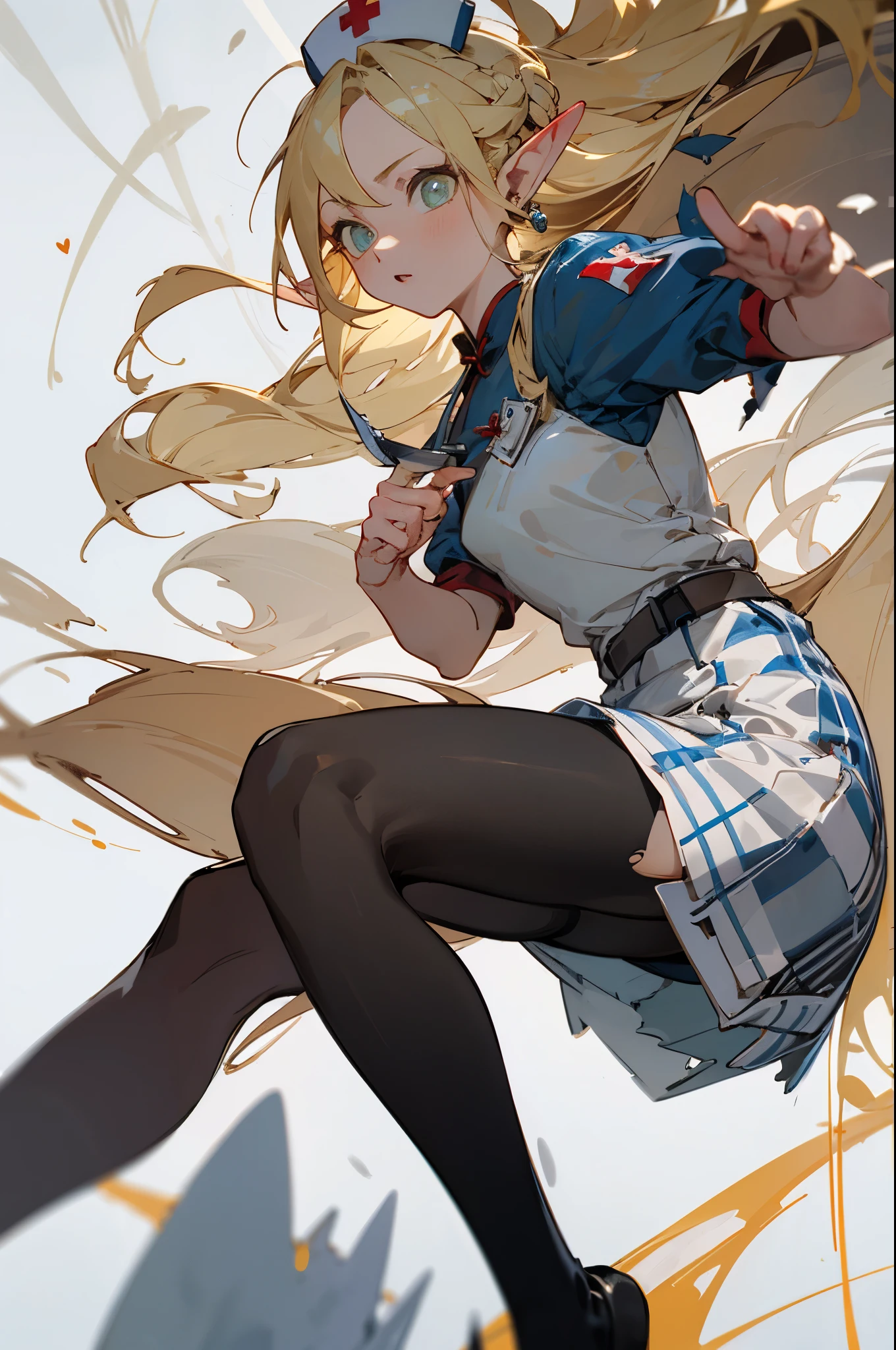 (masterpiece, best quality) detailed, Wearing black tights, silver accessories , Blonde ,elegant, Pointed ears ，Chinese element pattern，，Plaid skirt，Clothes are torn，Nurse