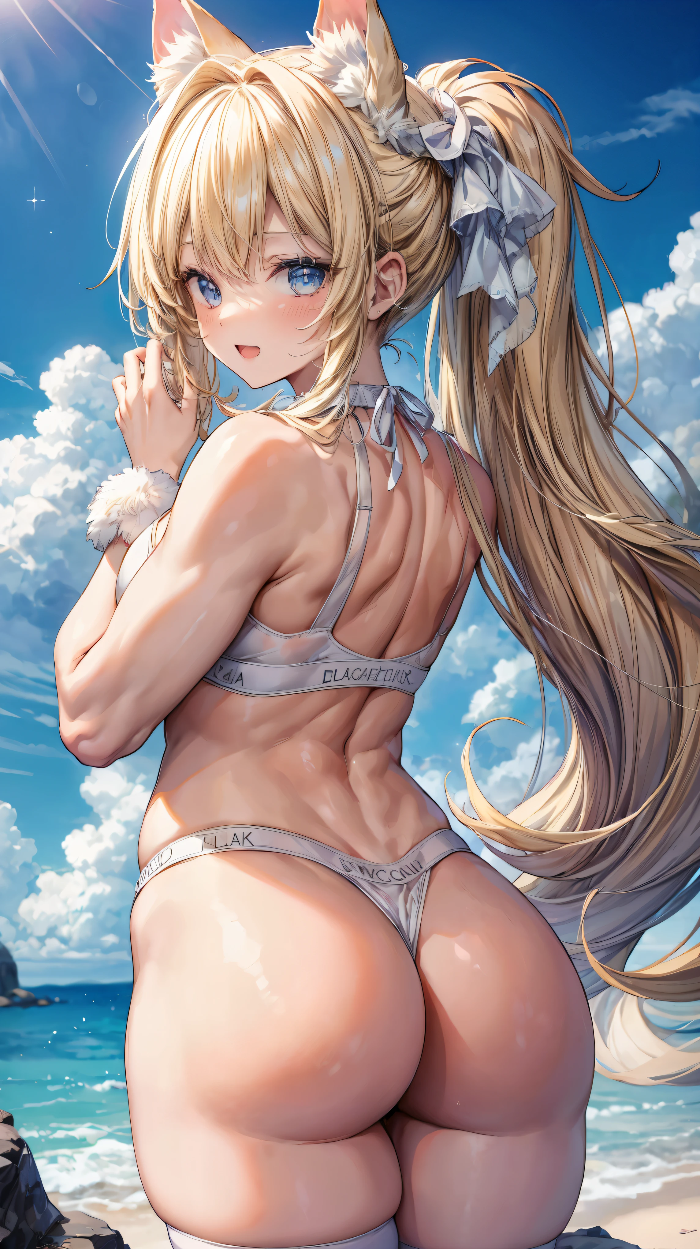 Super detailed、highest quality、Best image quality、masterpiece、8K、Anime Face、A kind smile、Open Mouth、Sparkling Blue Eyes、(Long blonde curly hair:1.3)、Cat ears grow、Wearing a frilly headband、(SFW huge body)、(((Rear view)))、Cowboy Shot、(Wearing a white :1.5)、Muscles of the whole body、(Pull on the  with both hands:1.3)

