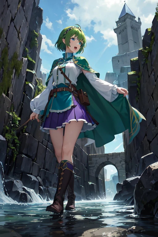 Nino, Green Hair, short hair, blue eyes, purple Headbands, short hair, open mouth, blue eyes, skirt, Headbands, boots, Green Hair, belt, cape, pouch, purple Headbands, walk, spell water, From below, shorten, cobblestone, castle, Stone Wall, outdoor, Backlight, Dramatic Lighting, vitality, magic, water, strength, flow, flying water