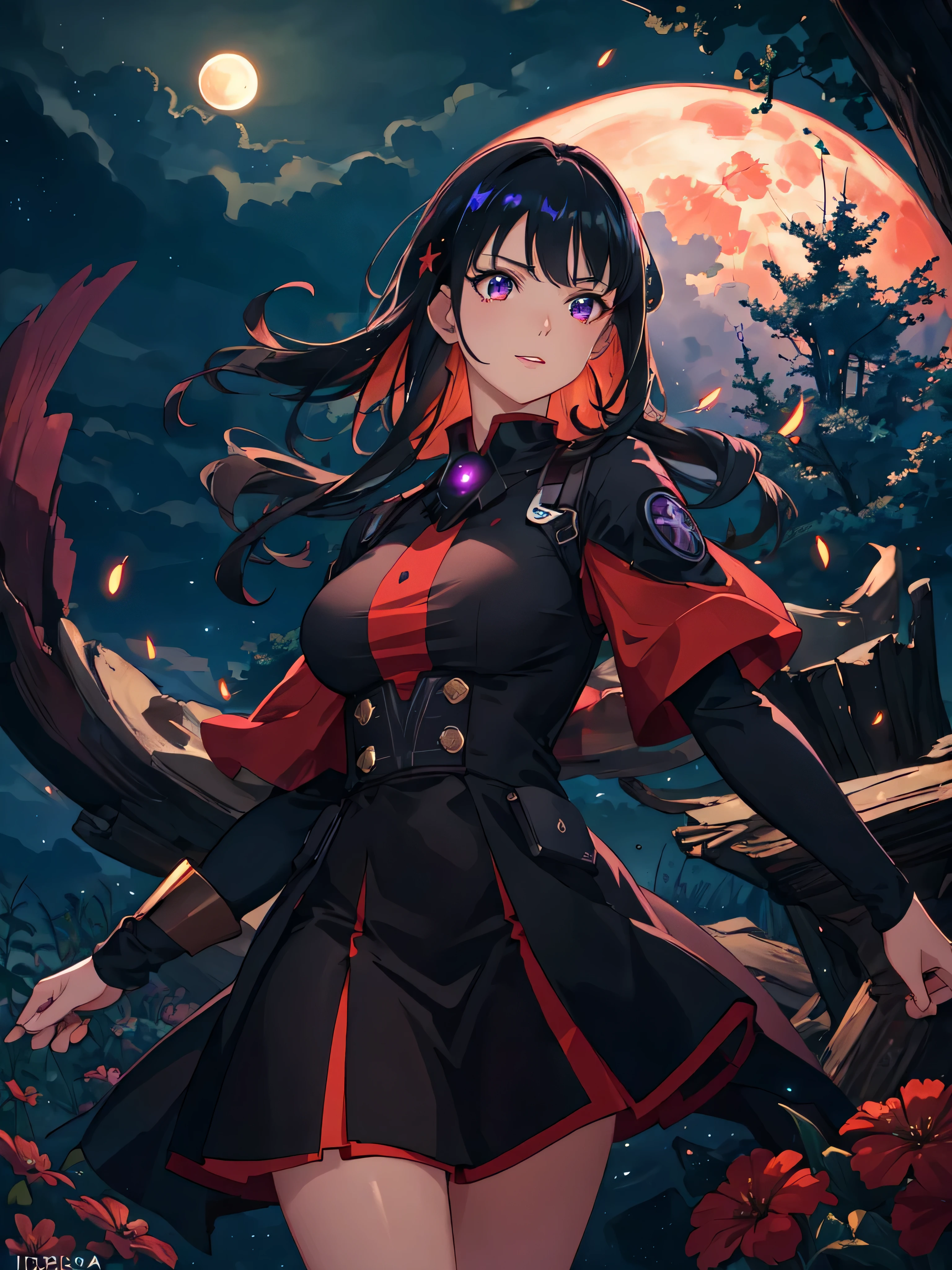 Kakegurui, expansive landscape photograph , (a view from below that shows sky above and open field below), a girl standing on flower field looking up, (full moon:1.2), ( shooting stars:0.9), (nebula:1.3), distant mountain, tree BREAK
production art, (warm light source:1.2), (Firefly:1.2), lamp, lot of purple and orange, intricate details, volumetric lighting BREAK
(masterpiece:1.2), (best quality), 4k, ultra-detailed, (dynamic composition:1.4), highly detailed, colorful details,( iridescent colors:1.2), (glowing lighting, atmospheric lighting), dreamy, magical, (solo:1.2)