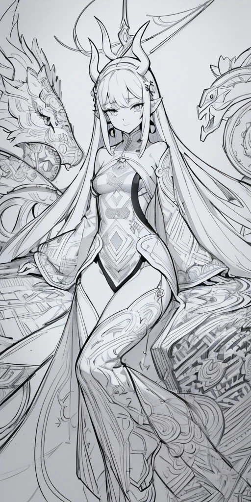 ((line art:black and white)),1girl, female focus, Nezuko, Demon slayer,lively, be familiar with,intricate details,Zentangle Elements,coloring book,draw with thick lines,clear,line drawing background, white background, monochrome, line drawing, ((sketch))