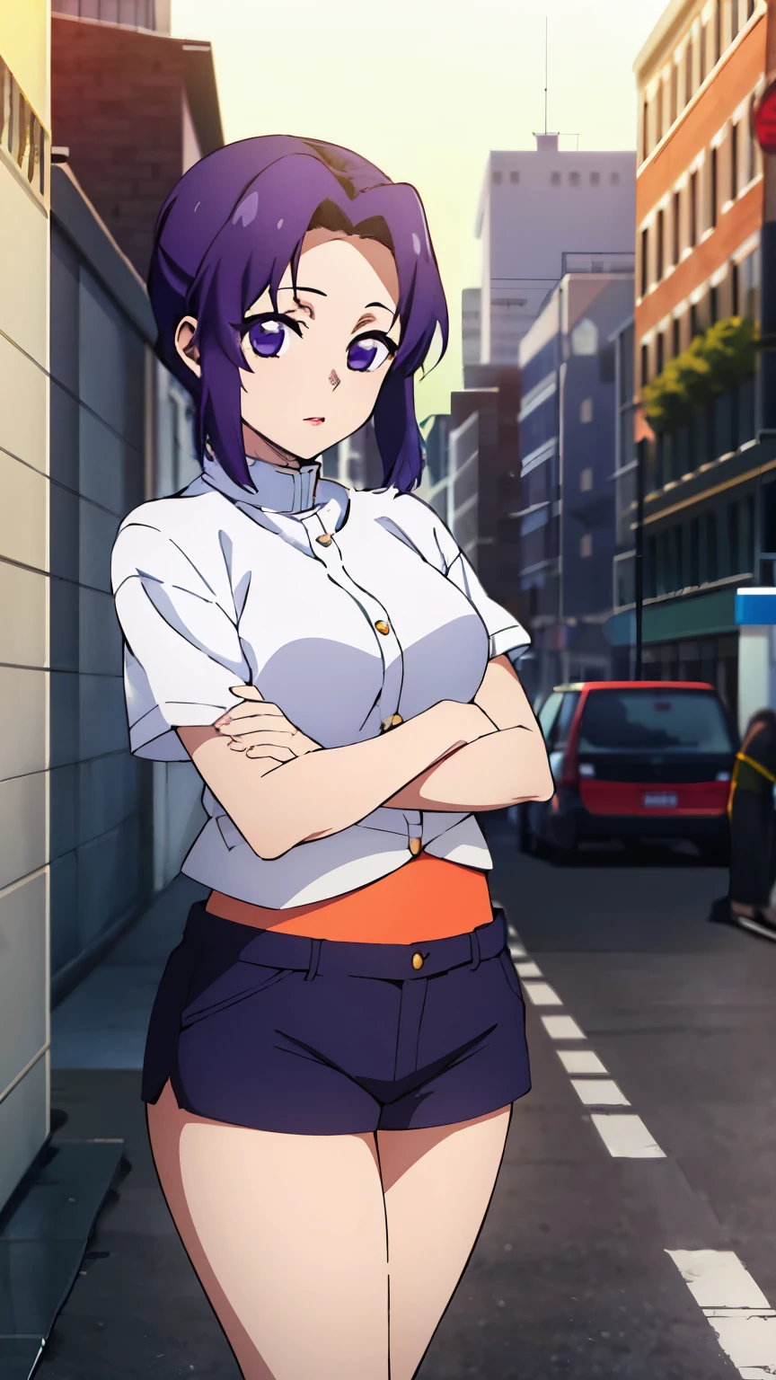 (Top quality, 8K, high resolution, Masterpiece: 1.2), Anime art style, Shinobu Kocho, 1 girl, perfect face, perfect eyes, medium breasts, purple hair, short hair, neatly parted bangs, purple eyes, Fine eyes, large butterfly hair clips, innerwear, shorts, the city, the viewer,