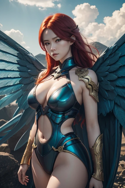 A red headed harpie lady 1 girl,Dark Angel Warrior,(((On the arms there is a pair of large light blue half-body wings))),Black titanium)),((Blue gold metal bikini armor)),high detail,(beautiful face),Perfect facial features,red color hair,sky and clouds background,apathy、macro,Realistis,hdr(HighDynamicRange)、Ray traching、NVIDIA RTX、Hyper-Resolution、illusory 5、sub surface scattering、post-proces、Anisotropy Filtering、depth of fieldaximum definition and sharpness,Surface coloring、Accurately simulate light-material interactions、perfectly proportions、rendering by octane、largeaperture、Low ISO、White balance、the rule of thirds、8K raw data、lightand shade contrast