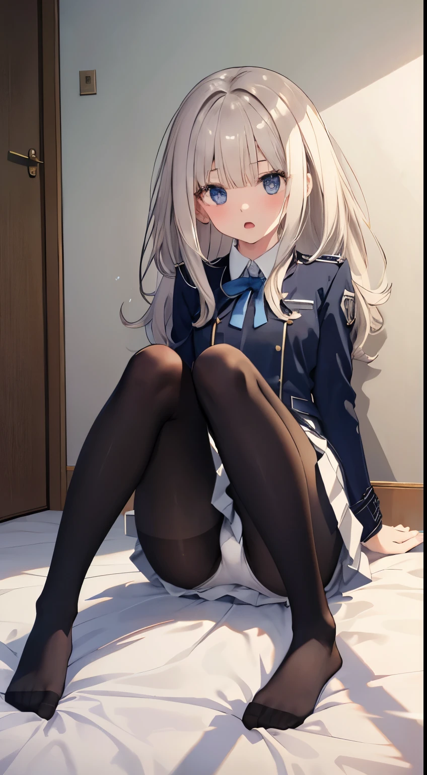 Top quality, masterpiece, High resolution, (Head to toe full body view), Front view from slightly below, symmetrical composition, Composition with accurate balance throughout the body、18 years old, slim and beautiful girl, alone, (Small breasts), (No shoes),Messy Hair, bangs, (black tights), (Black Pantyhose), (Sitting on the floor with legs apart), (A pose in which the legs are spread apart on the bed), tied up with both arms hidden behind the back, (Composition showing white panties), (her legs spread、I see white panties.), (Open mouth with a pained expression), blush, Shy big eyes, Looking at the camera, Blazer uniform, Checkered Pleated Skirt