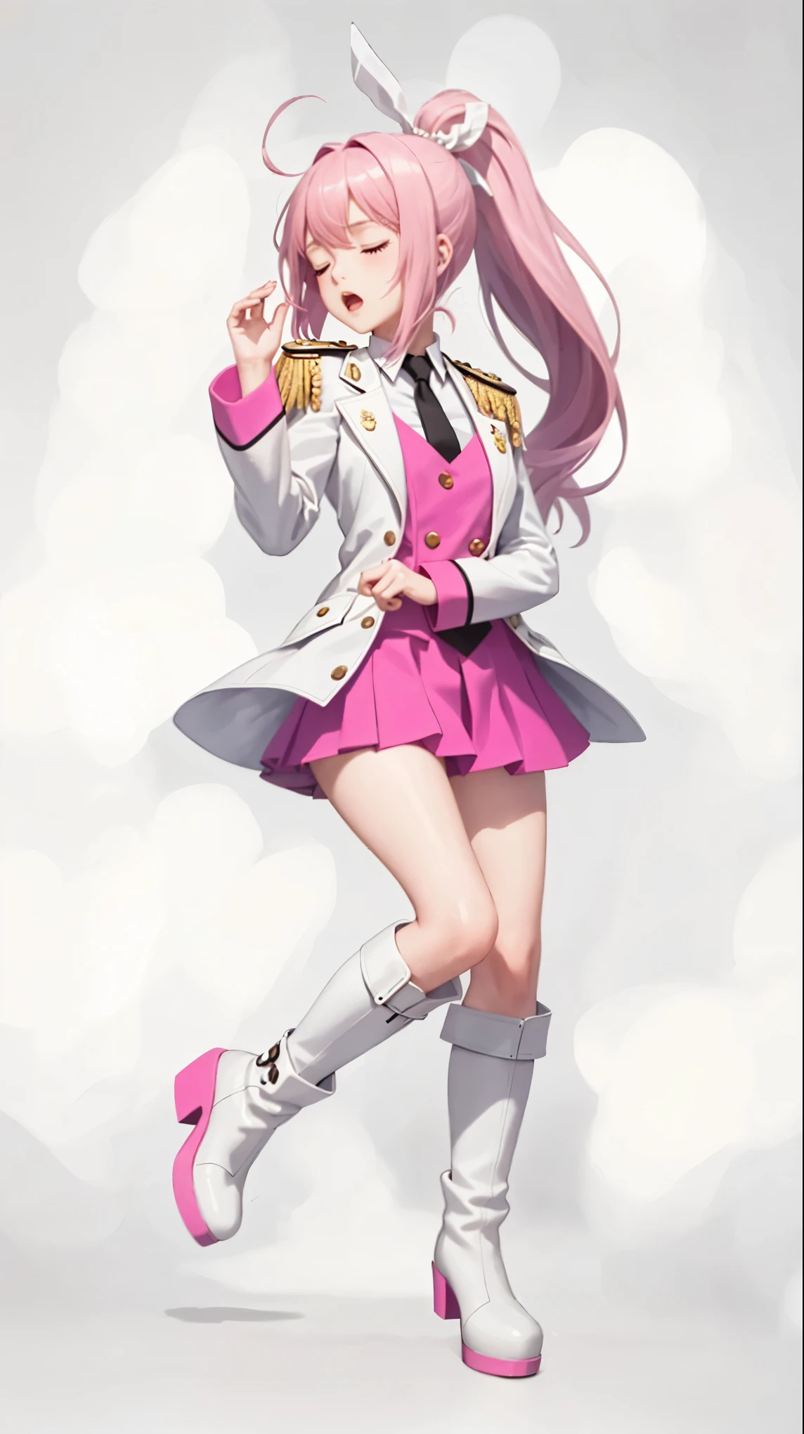 1girl,full body,closed eyes,boots,epaulettes,hair ornament,ponytail,open mouth,pink hair,solo,standing,thighhighs,white footwear,simple background,Loss of consciousness,masterpiece,best quality,highly detailed,