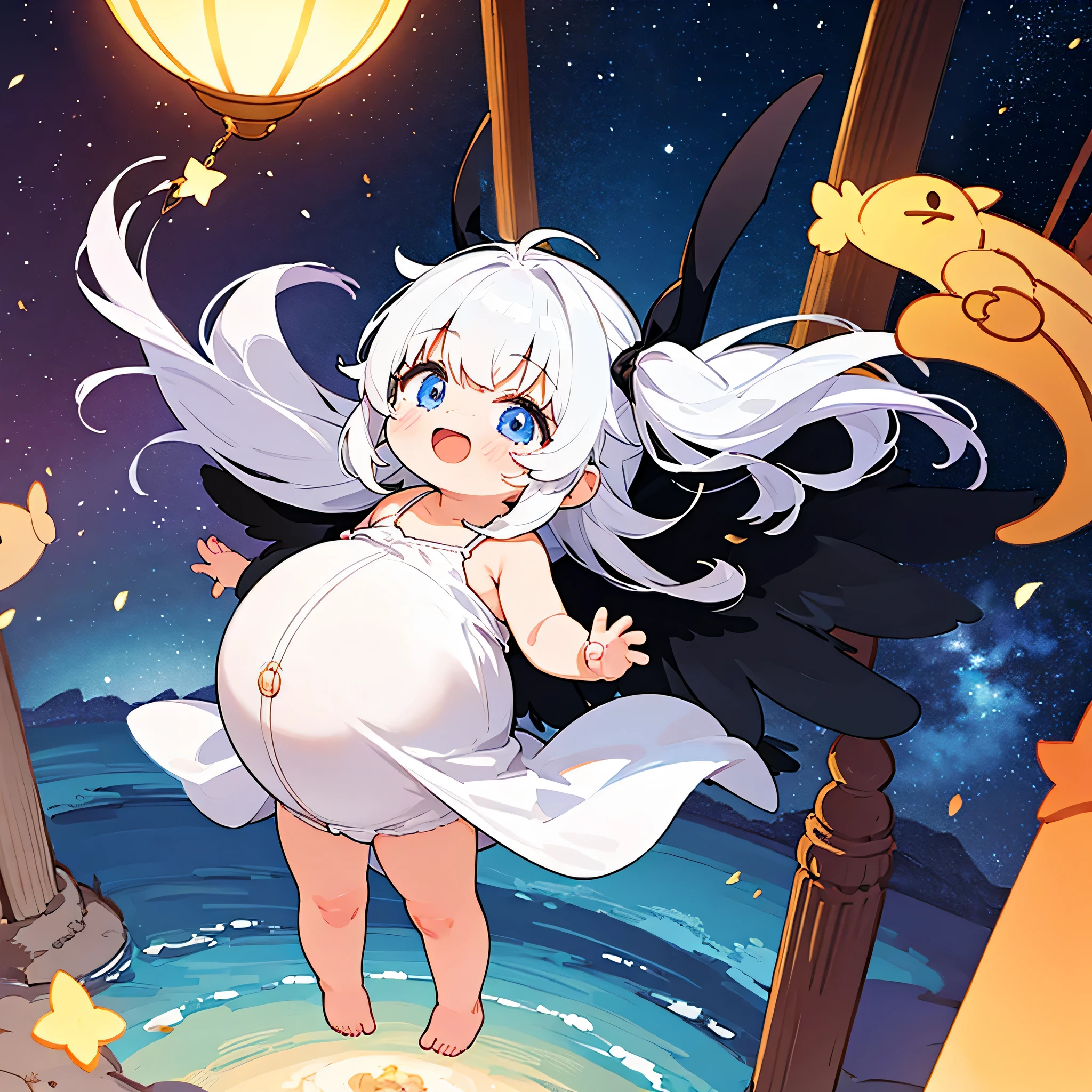 ( girl:1.5),chibi,long white hair,fairy,fairy wings,standing,laughing