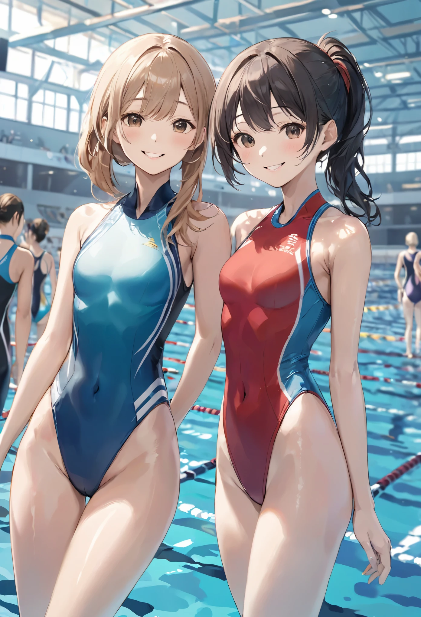masterpiece、highest quality、High resolution、Two realistic girls、Competitive swimmer、Close-up of a person、Wearing a bodysuit of your choice、During Competitive swimmerics competitions、smile、Swimming Venues、sexy competitive swimwear