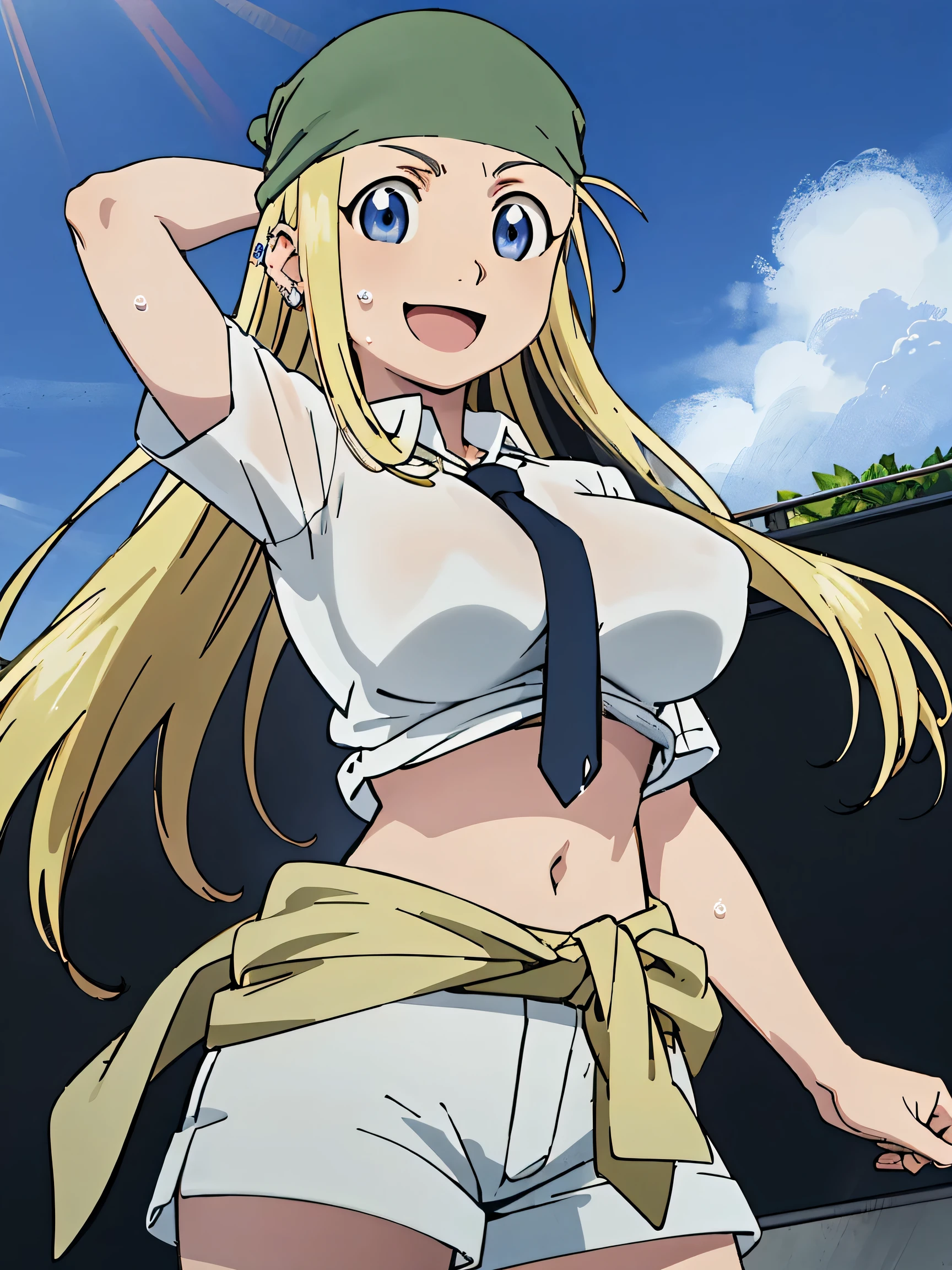 1 Girl、Blonde、wrap a bandana around your head、blue eyes、Super huge breasts、Shorts、High resolution、highest quality、Detailed face、Anime Moe Art Style、abdomen、Belly button、A big smile、Outdoor、Cowboy Shot、T-Shirts、healthy、get wet with sweat、The shirt is transparent、Tie your clothes around your waist、puffy nipple、