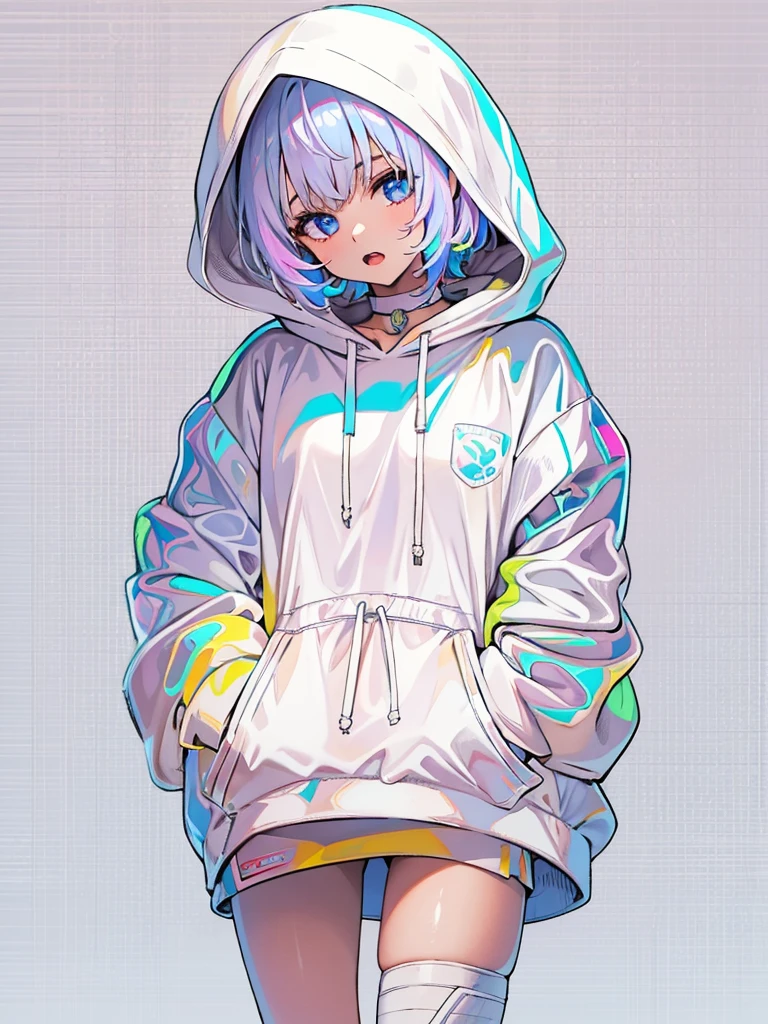 1 person girl、pleochroism、A loose-fitting jersey-style long hoodie in holographic colors、Ribbed knit cuffs and hem、Vtuber whole body、Milky white short hair、Standing figure facing the viewer、Simple Background、highest quality、Masterpiece、Official Art、8K、