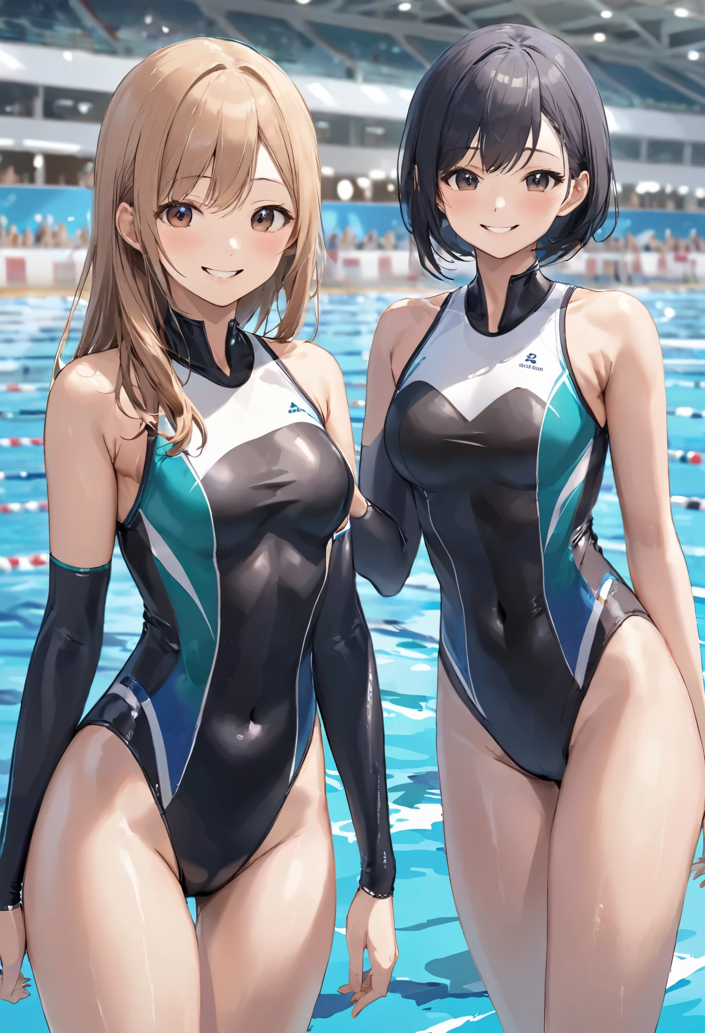 masterpiece、highest quality、High resolution、Two realistic girls、Competitive swimmer、Close-up of a person、Wearing a bodysuit of your choice、During Competitive swimmerics competitions、smile、Swimming Venues、sexy competitive swimwear