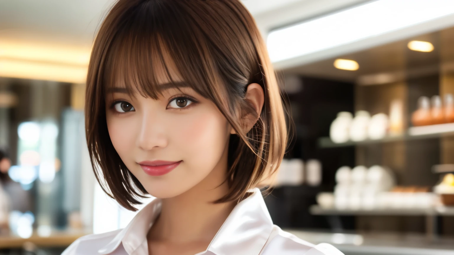 Product quality, Upper Body Shot, Front view, inside a stylish cafe, 1 girl, Young and beautiful Japan woman, Short Bob Hair, Very cute face, glamorous, I wear a satin silk white shirt with short sleeves and long sleeves with a collar, The cafe is full of smiles, glossy lips, Double eyelids on both eyes, Natural Makeup, Long eyelashes, Shiny and smooth light brown hair, Asymmetrical bangs, Sunburned skin, Center image, High resolution, Attention to detail, Detailed hairstyle, Detailed face, Cinema Lighting, Surreal, Perfect body,