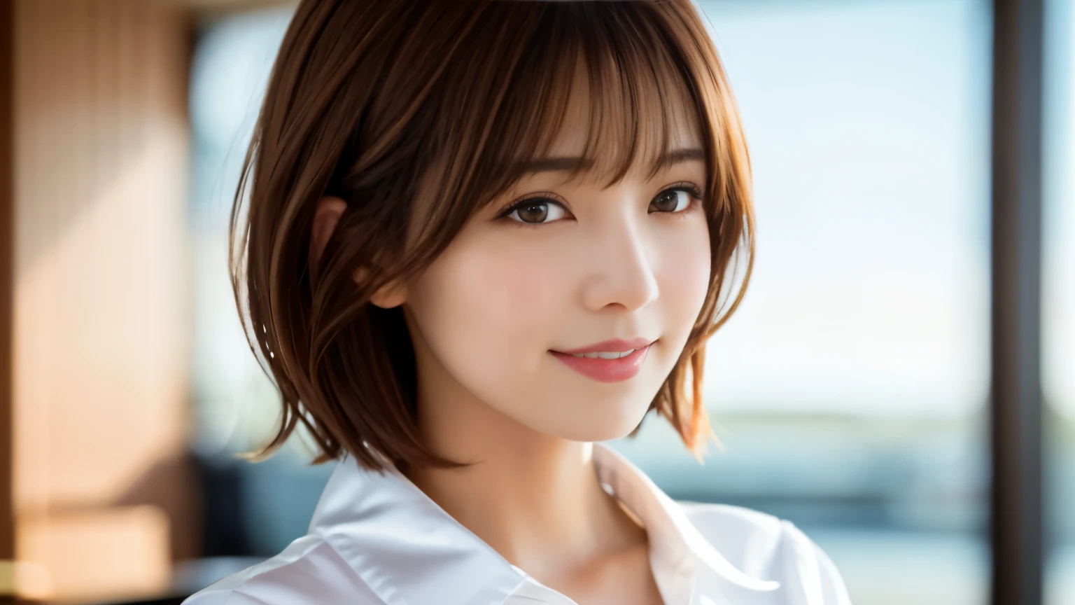 Product quality, Upper Body Shot, Front view, inside a stylish cafe, 1 girl, Young and beautiful Japan woman, Short Bob Hair, Very cute face, glamorous, I wear a satin silk white shirt with short sleeves and long sleeves with a collar, The cafe is full of smiles, glossy lips, Double eyelids on both eyes, Natural Makeup, Long eyelashes, Shiny and smooth light brown hair, Asymmetrical bangs, Sunburned skin, Center image, High resolution, Attention to detail, Detailed hairstyle, Detailed face, Cinema Lighting, Surreal, Perfect body,