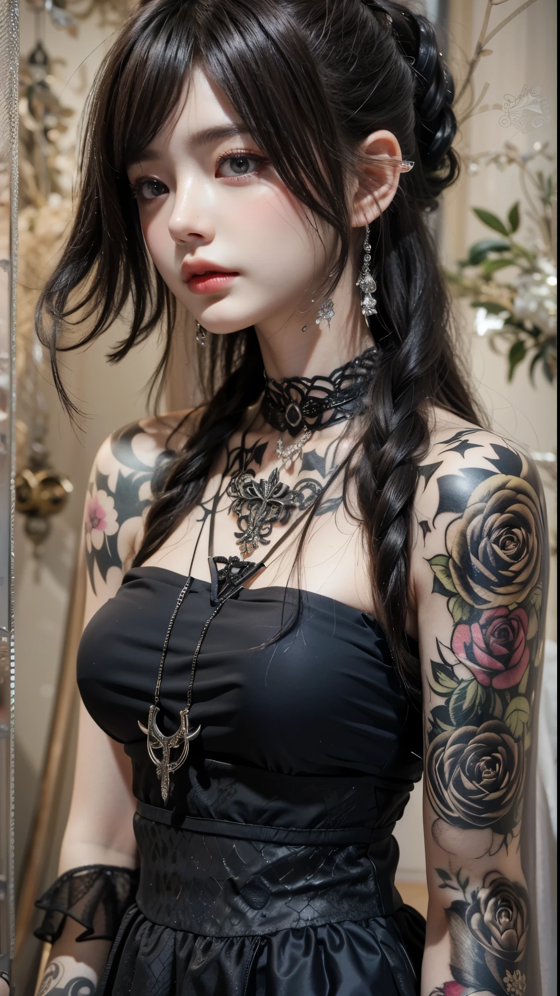 Game Art,Best image quality,Maximum resolution,8k,(A half-length photo),(portrait),(Head close-up),(Rule of Thirds),Unreal Engine 5 rendering works,20 year old girl,((Queen)),Eyes are very detailed,(Large Breasts),Elegance and nobility,Movie Lighting,Ray Tracing,Game CG,((3D Unreal Engine)),OC rendering reflection pattern,4K,Ultra-clear,Translucent lace,Fair and plump figure,Pretty Face,Glossy Gel Coat,身着华贵礼服的Queen,Necklace jewelry,Dark blue pupils,Intricate tattoo designs,The tattoo is very delicate,