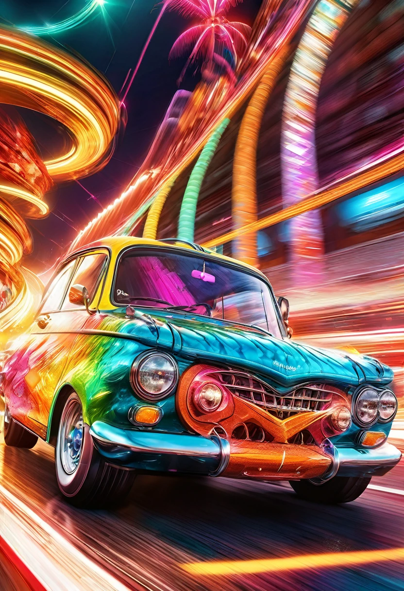 (Motion Blur:1.5), A happy granny in a vintage drag racing car speeding down the race track!. Fast and furious.  A_breathtaking masterpiece artwork by Android Jones, Alberto Seveso, Erin Hanson. maximalist highly detailed and intricate professional photography, a_masterpiece, 8k resolution concept art, Artstation, festive colors, Unreal Engine 5, cgsociety octane photograph, race track Scene!!! Candy art style! Whimsical playful colorful! candy!!! 🍬🍭 Candyland art!! “Hyperrealistic hyperdetailed highly detailed, digital illustration” postmodernism, artstation, poster art, dynamic lighting, cel-shaded, ray tracing reflections