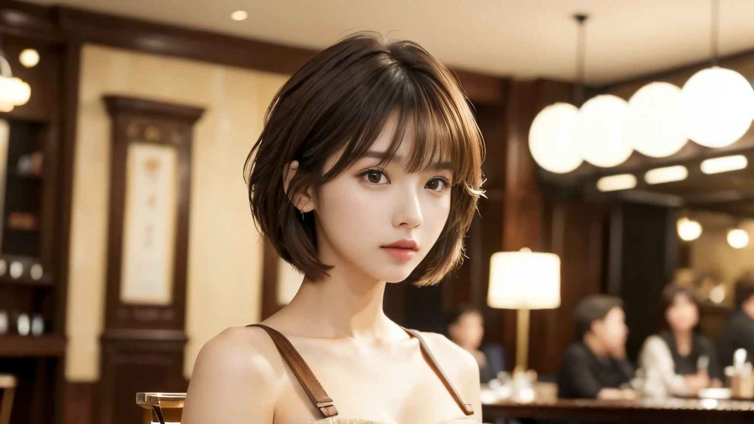 (masterpiece, Very detailed, Very detailed, Exquisite, 16k, Confused), woman, 19 years old, glamorous, (Suppin breeze:1.4), Looking at the audience, short hair, Messy Hair, Diagonal bangs, brown hair, Brown eyes, Upper Body, Cinema Lighting, Blurry background in focus, inside a stylish cafe, Urban Cafe