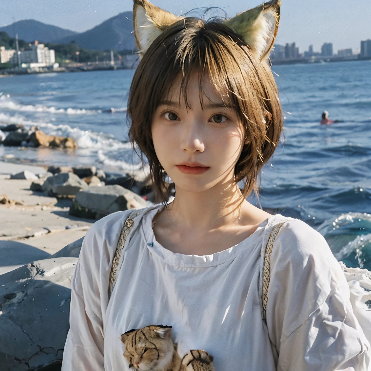 1 18-year-oldのアジア人女性モデル,Graceful features,The skin is very white、My hair is white,White clothes,Spend time at the beach,8K、(((Blonde))) 、highest quality, high resolution, (realism: 1.4), highest quality, Bobcut、18-year-old、(((Golden cat ears)))